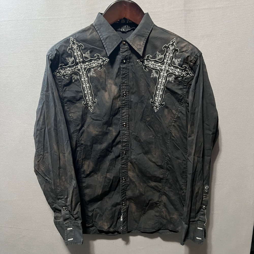 Roar Mens Long Sleeve Button Down Shirt Black Acid Wash Embroidered Cross Large